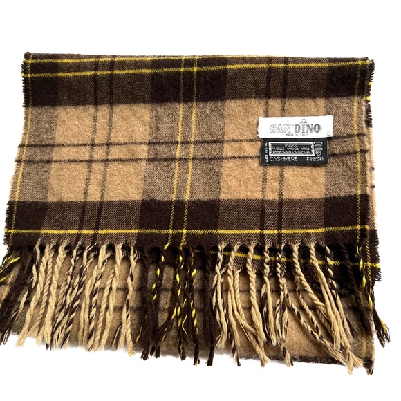 San Dino SCARF Rectangle Wool Brown Tan Yellow Plaid Check Cashmere Finish Italy - Picture 2 of 4